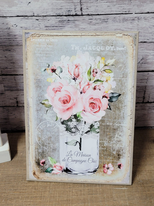 French Shabby Chic Roses 5"x7" Canvas Insert