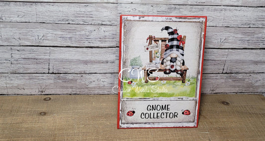 Gnome Collector Ladybug Gnome on Bench (Red) 5"x7" Canvas Insert