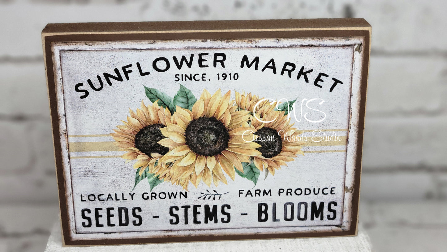 Sunflower Market Seeds Stems Blooms Wood Sign