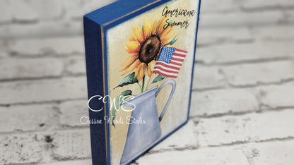 Sunflower Americana Summer Watering Can with Flag Wood Block Sign