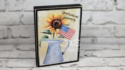 Sunflower Americana Summer Watering Can with Flag Wood Block Sign