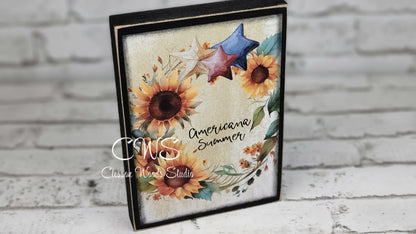 Sunflower Americana Summer Wreath with Stars Wood Block Sign