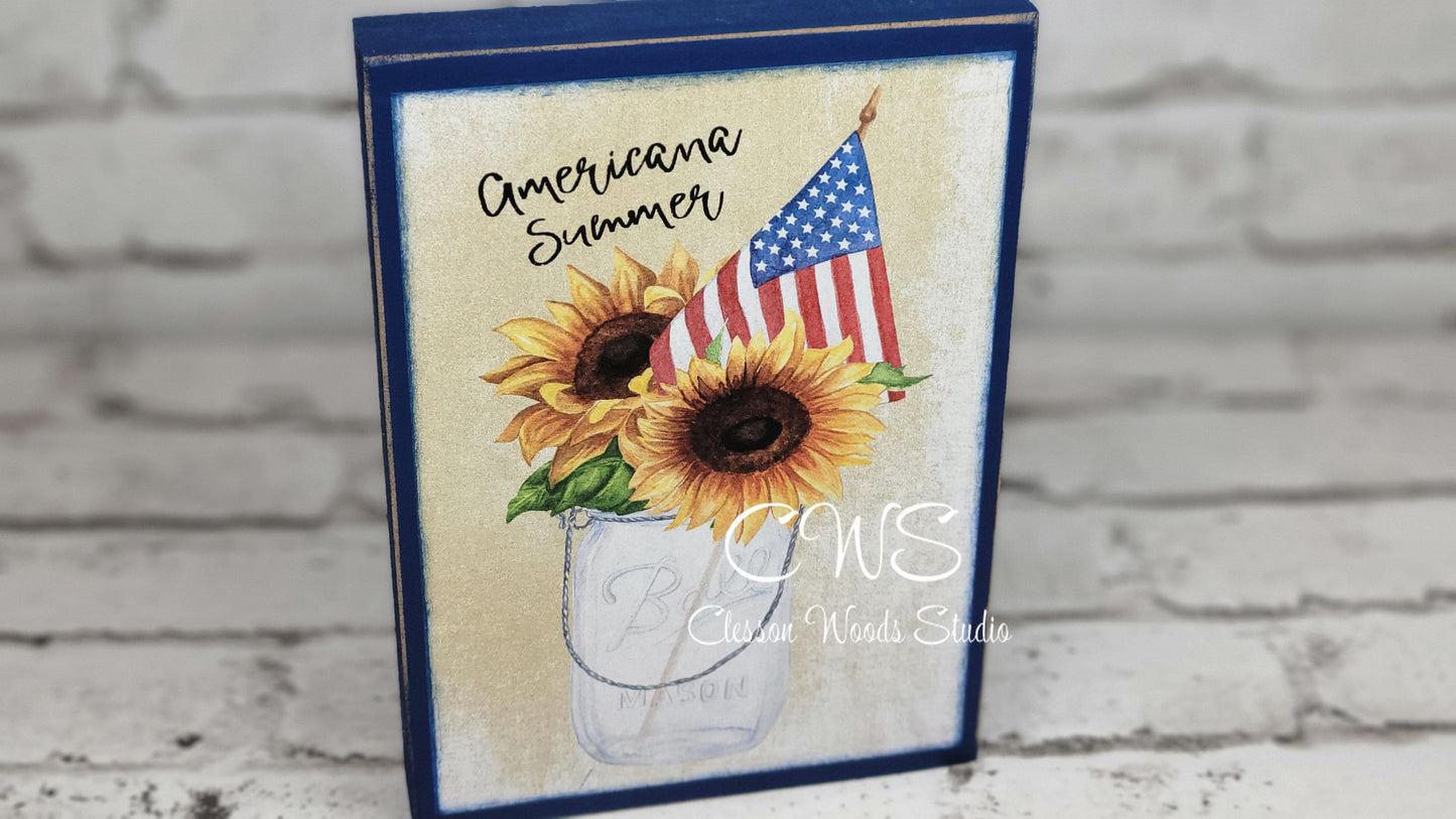 Sunflower Americana Summer Ball Jar with Flag Wood Block Sign