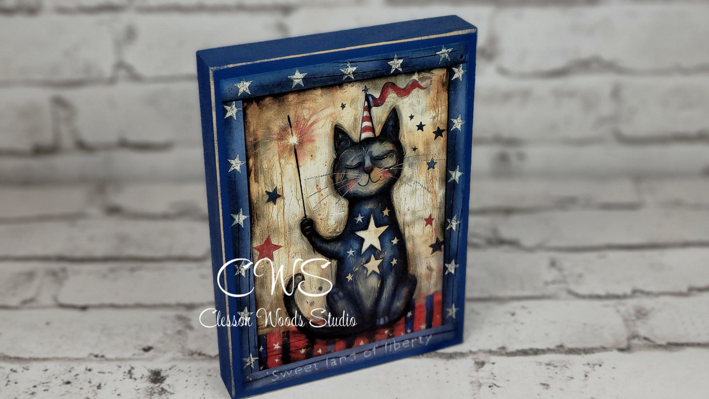 Primitive Americana Cat July Liberty Wood Block Sign