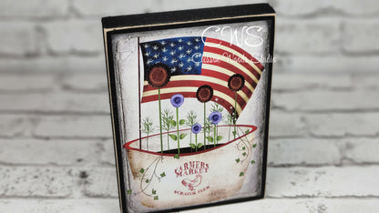 Primitive Americana Flowers and Flag Wood Block Sign