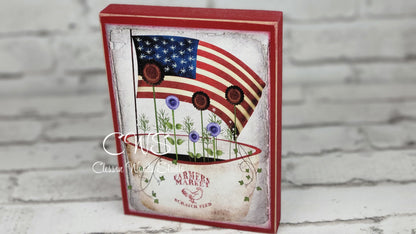 Primitive Americana Flowers and Flag Wood Block Sign