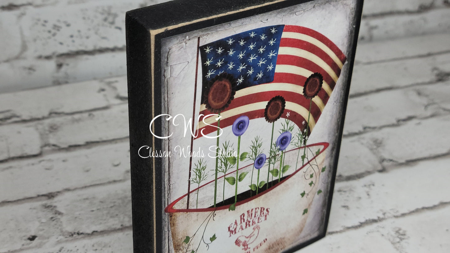 Primitive Americana Flowers and Flag Wood Block Sign