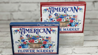 American Flower Market Patriotic Wood Block Sign