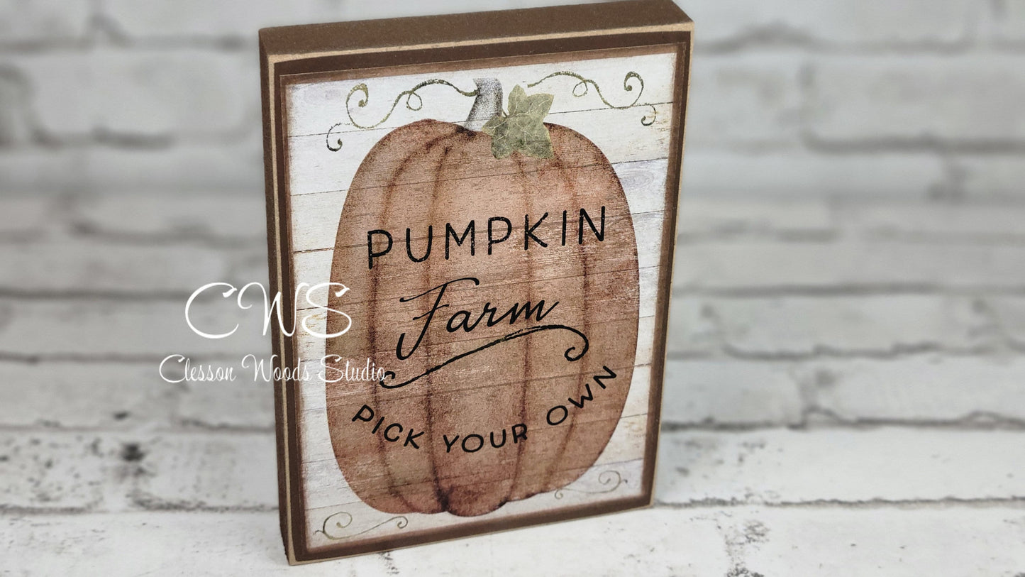 Pumpkin Farm Primitive Fall Wood Block Sign