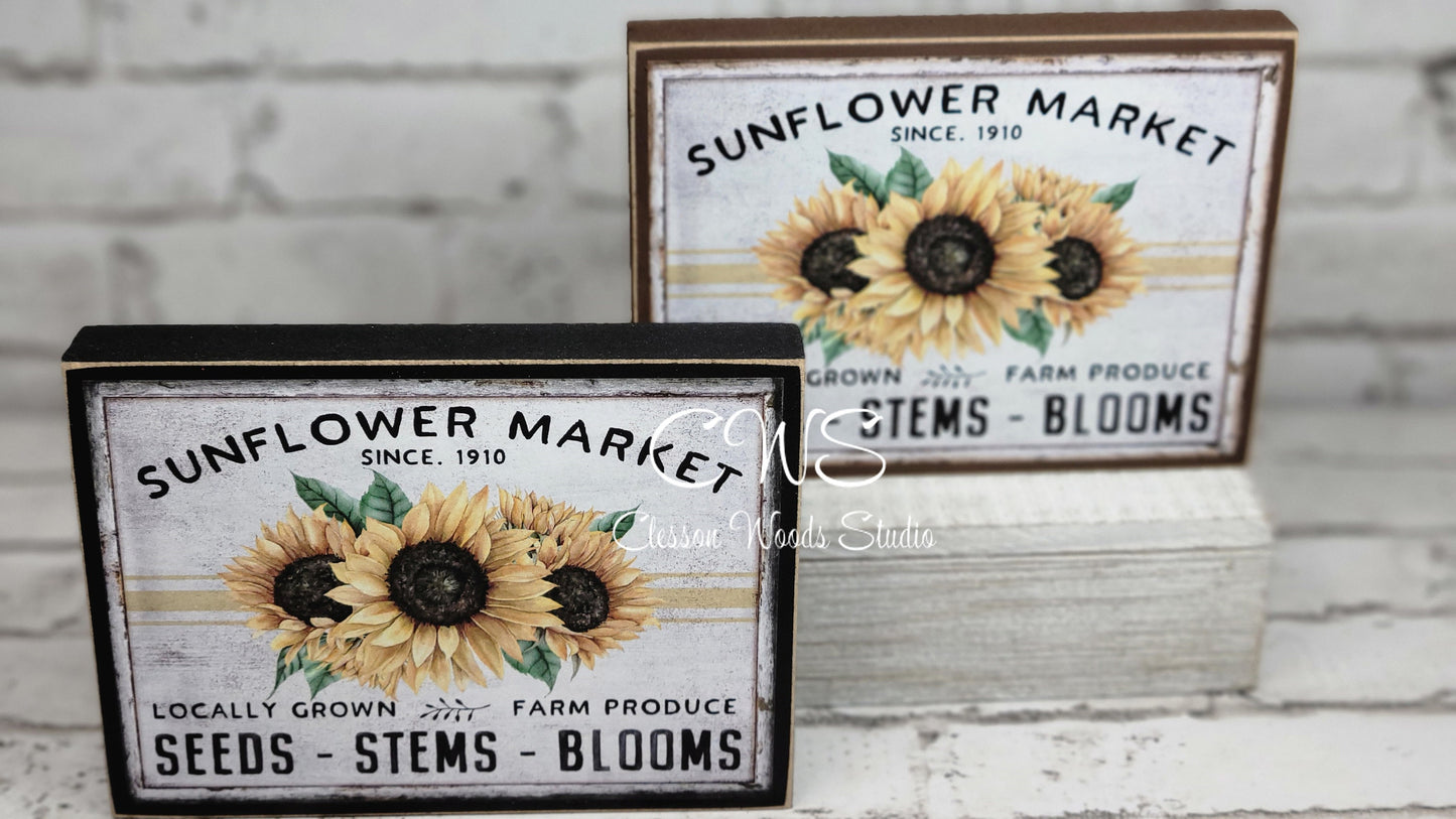 Sunflower Market Seeds Stems Blooms Wood Sign