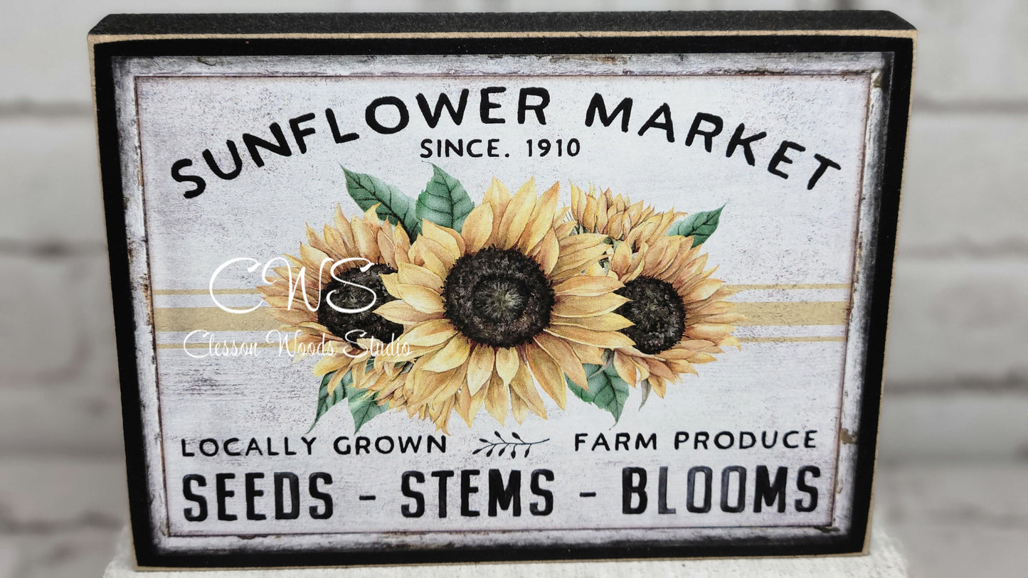 Sunflower Market Seeds Stems Blooms Wood Sign