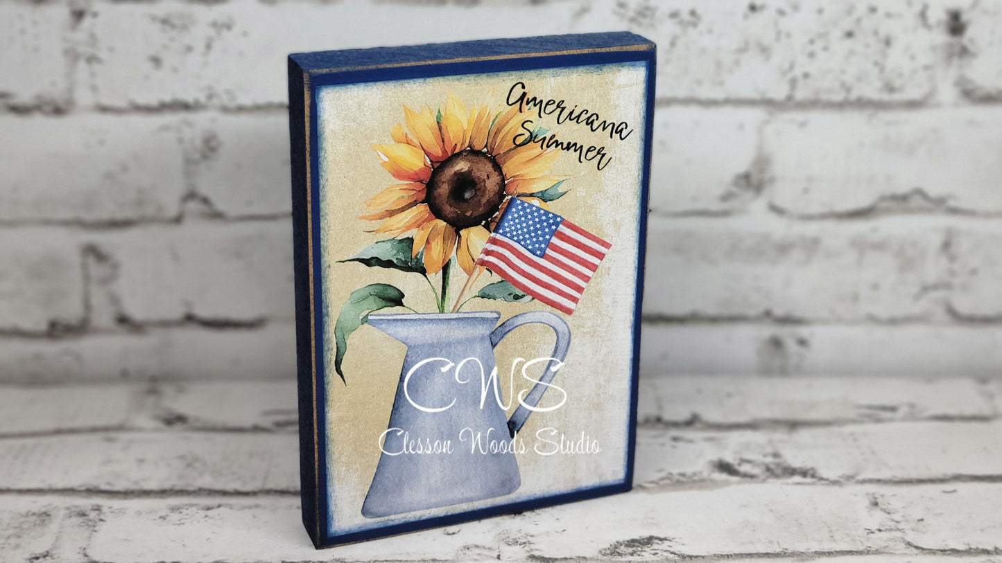 Sunflower Americana Summer Watering Can with Flag Wood Block Sign