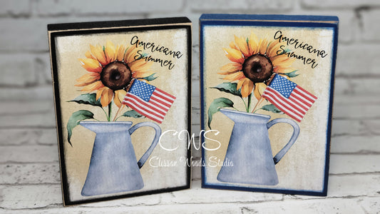 Sunflower Americana Summer Watering Can with Flag Wood Block Sign