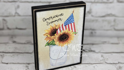 Sunflower Americana Summer Ball Jar with Flag Wood Block Sign