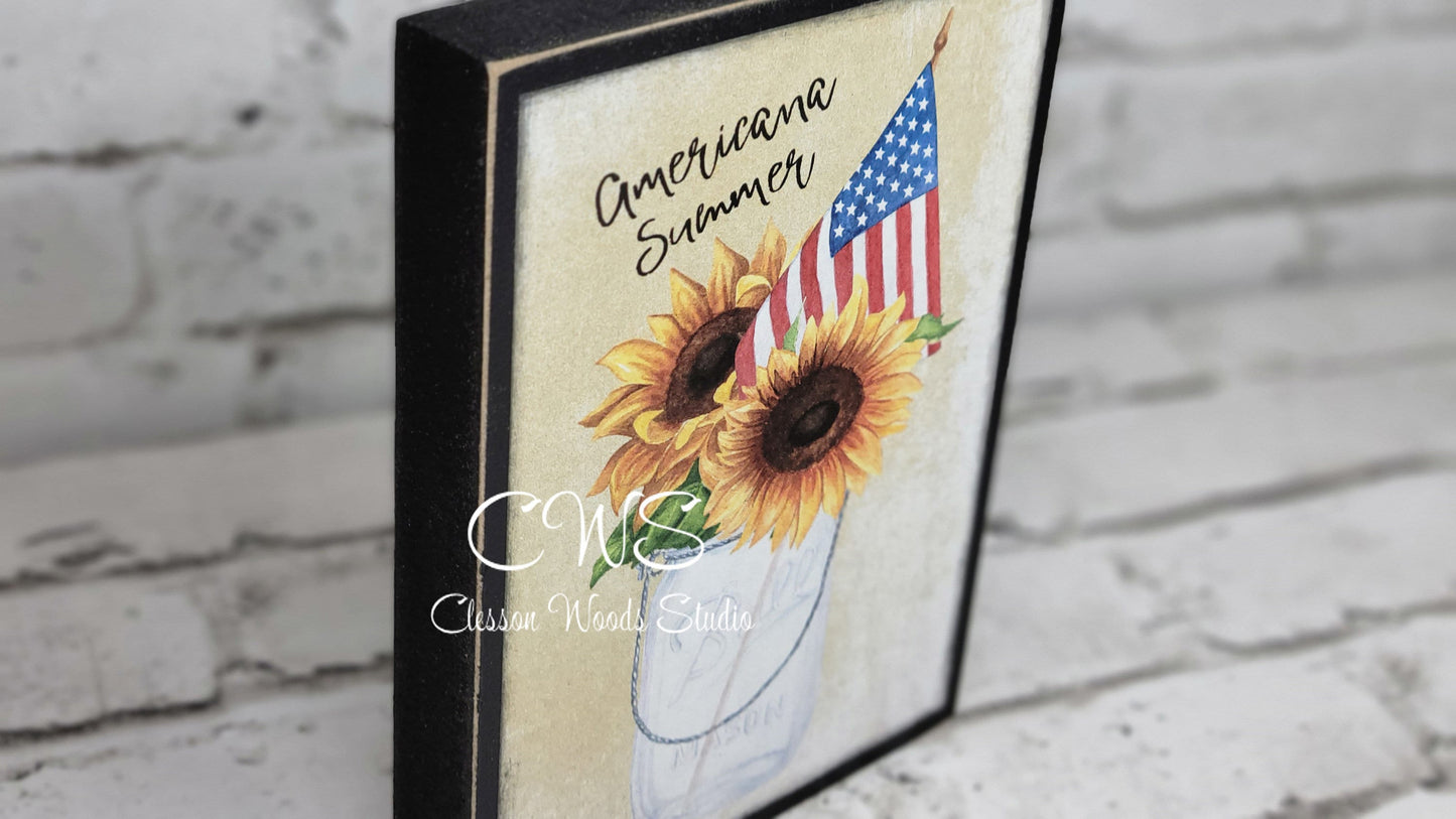 Sunflower Americana Summer Ball Jar with Flag Wood Block Sign