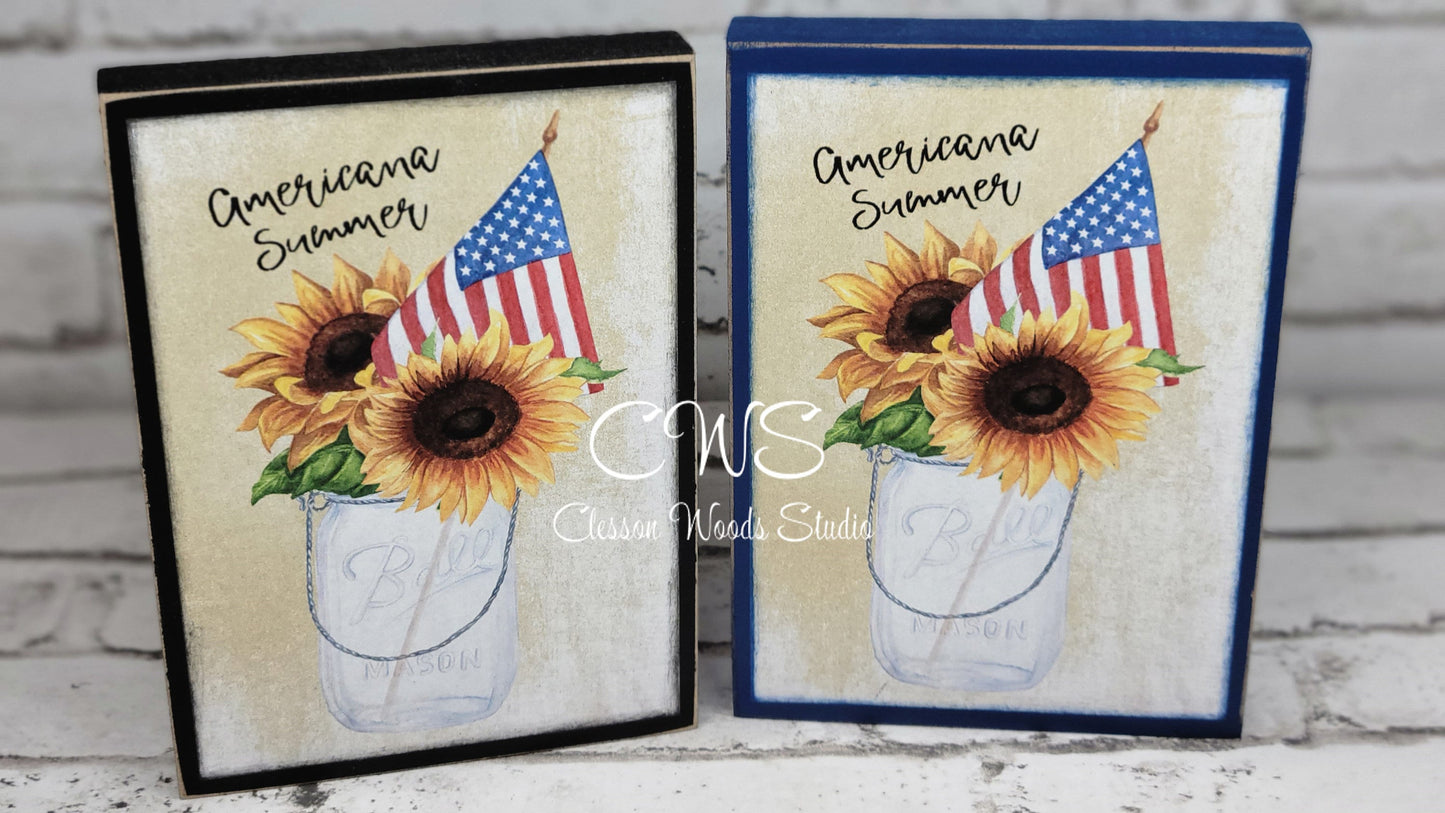 Sunflower Americana Summer Ball Jar with Flag Wood Block Sign