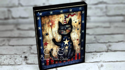 Primitive Americana Cat July Liberty Wood Block Sign