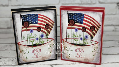 Primitive Americana Flowers and Flag Wood Block Sign