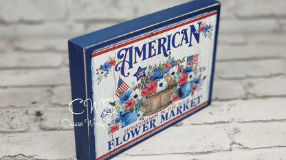 American Flower Market Patriotic Wood Block Sign