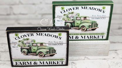 St Patrick's Day Clover Meadows Farm & Market Wood Block Sign