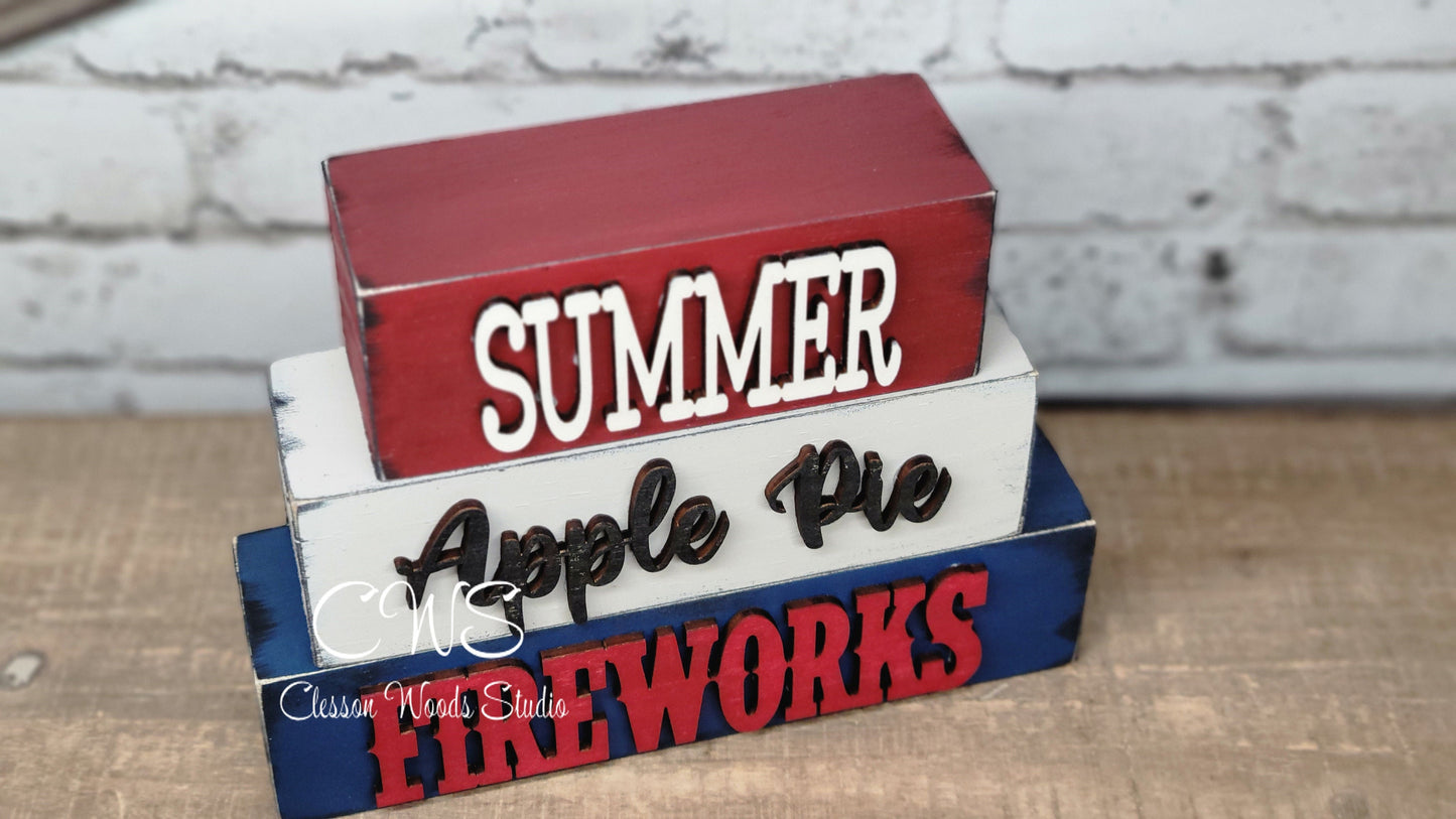 Summer Apple Pie Fireworks Wood Word Block Stack