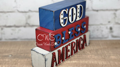 God Bless America Wood Word Block Stack