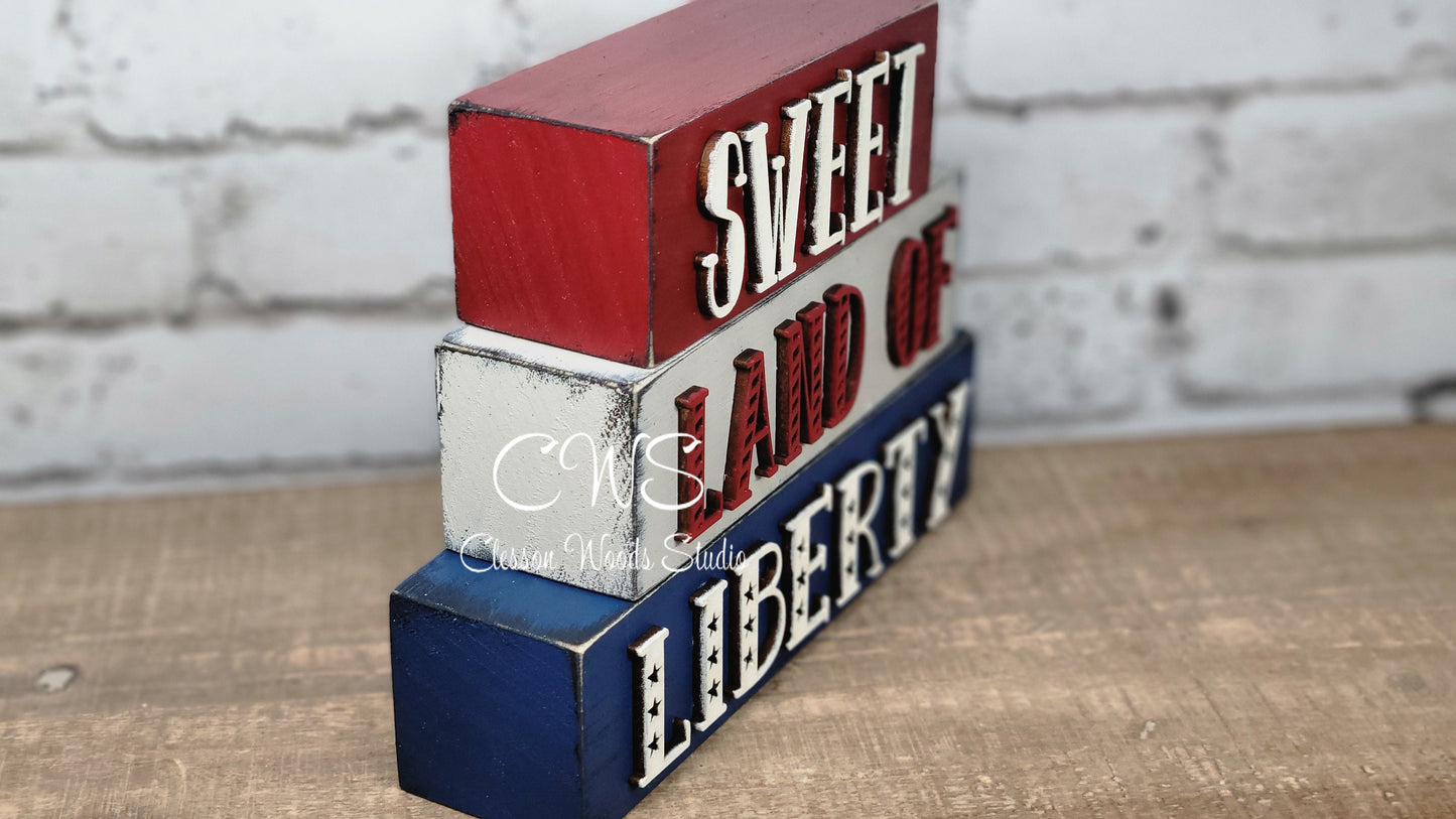 Sweet Land Of Liberty Wood Word Block Stack