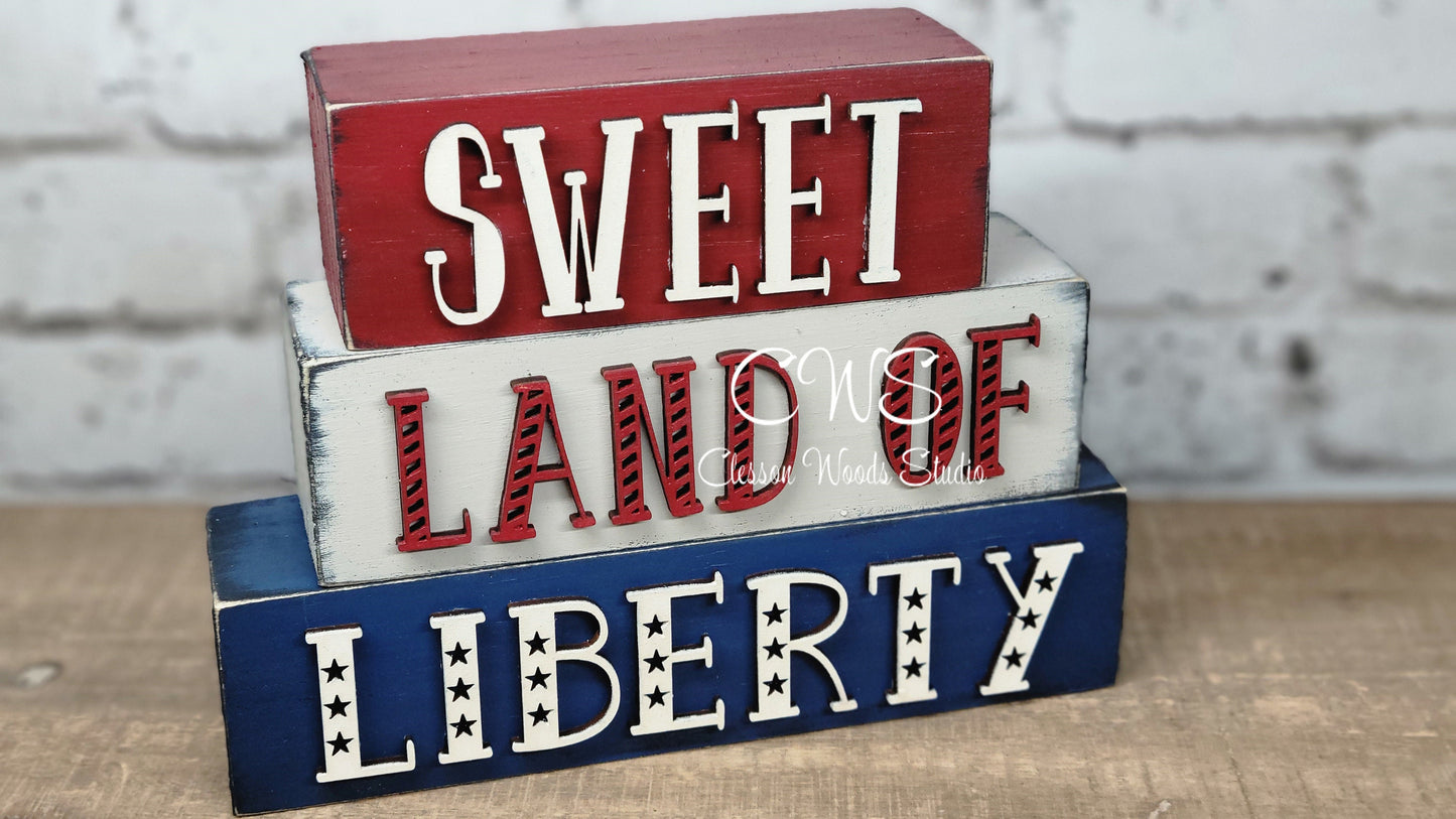 Sweet Land Of Liberty Wood Word Block Stack