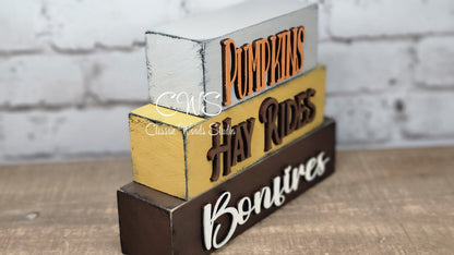 Pumpkins Hay Rides Bonfires Wood Word Block Stacker
