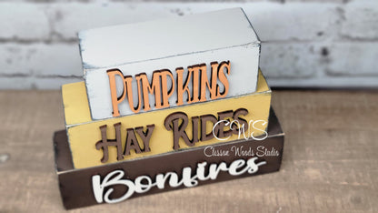 Pumpkins Hay Rides Bonfires Wood Word Block Stacker