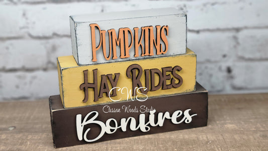 Pumpkins Hay Rides Bonfires Wood Word Block Stacker