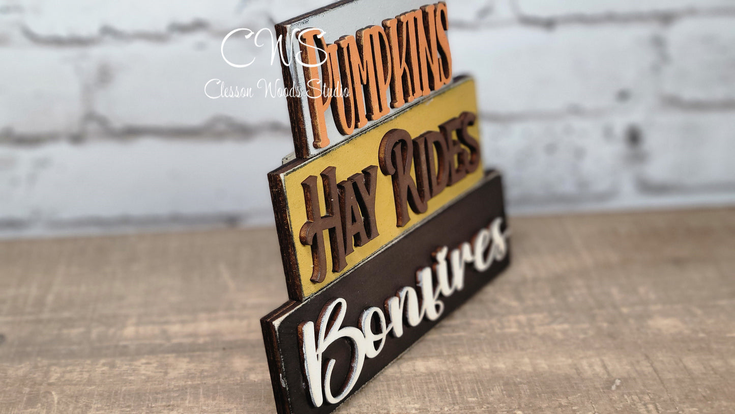 Pumpkins Hay Rides Bonfires Mini Wood Word Block Sign