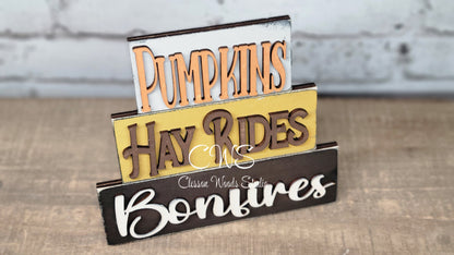 Pumpkins Hay Rides Bonfires Mini Wood Word Block Sign