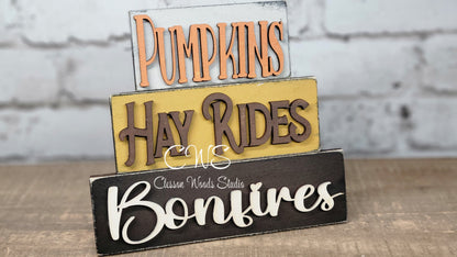 Pumpkins Hay Rides Bonfires Mini Wood Word Block Sign