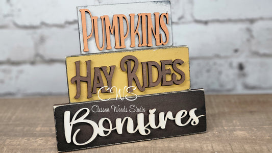 Pumpkins Hay Rides Bonfires Mini Wood Word Block Sign