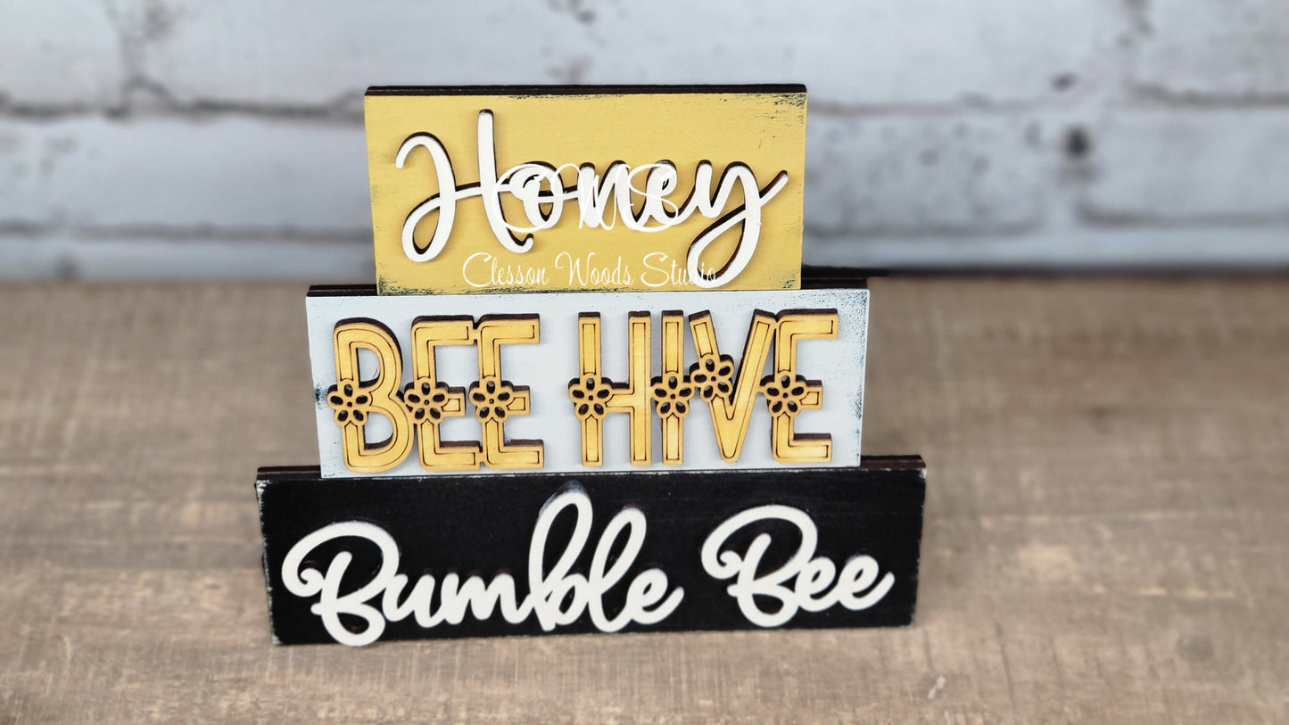 Honey Bee Hive Bumble Bee Mini Wood Word Block Sign