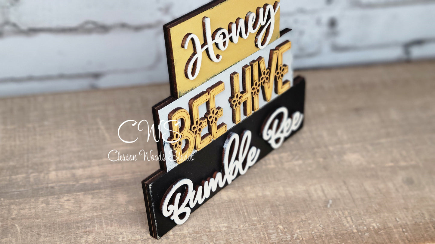 Honey Bee Hive Bumble Bee Mini Wood Word Block Sign