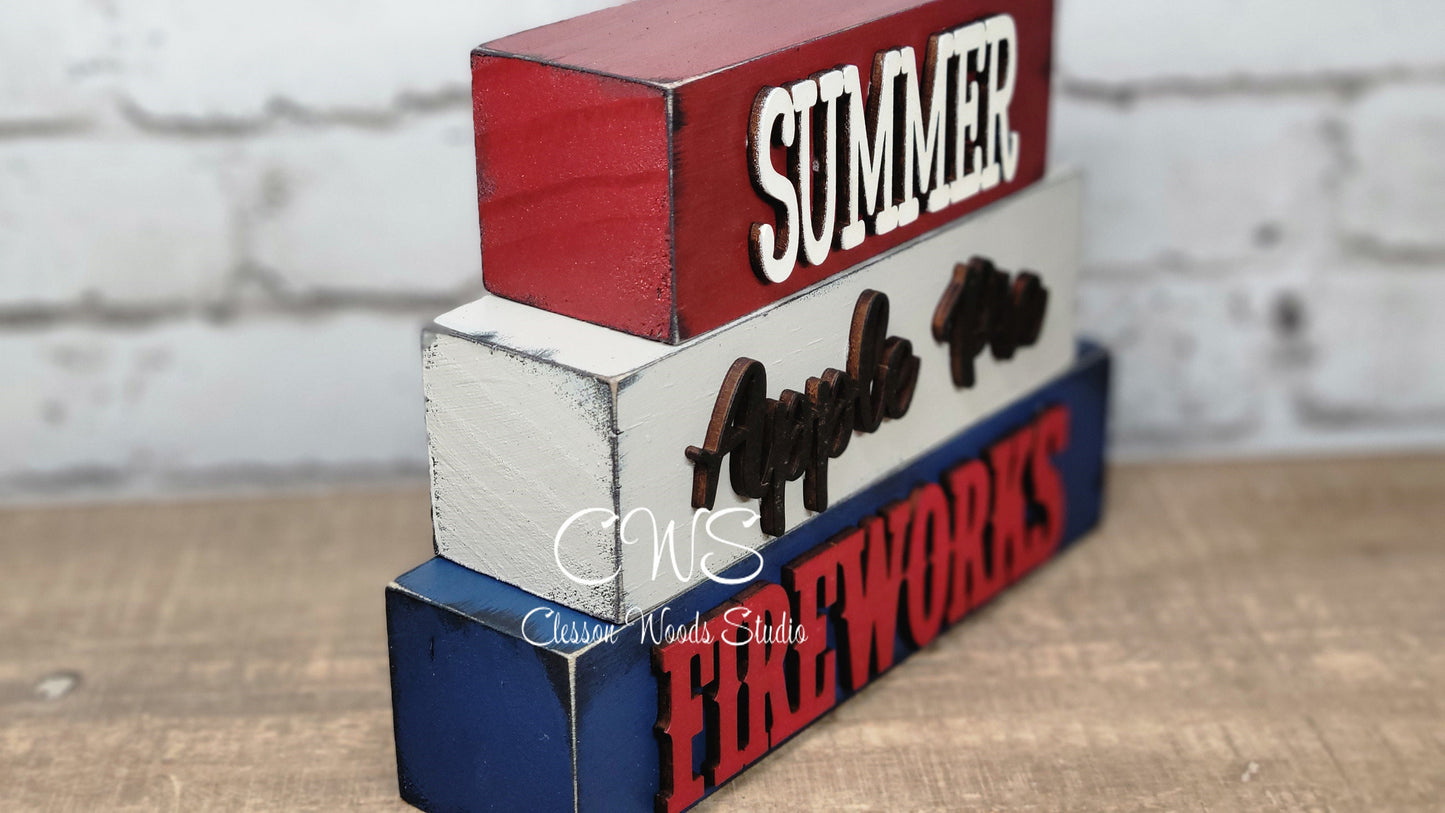 Summer Apple Pie Fireworks Wood Word Block Stack