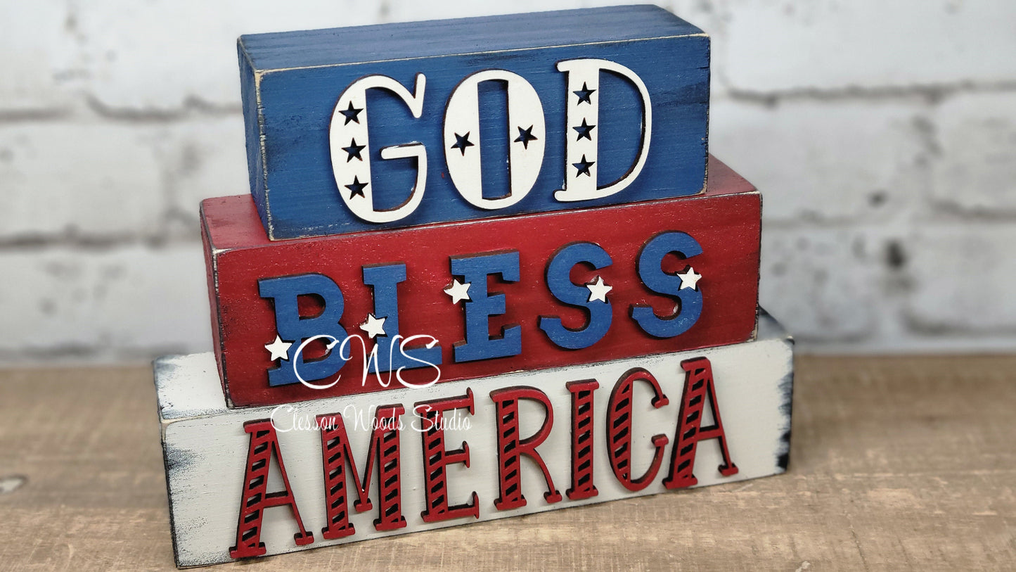 God Bless America Wood Word Block Stack