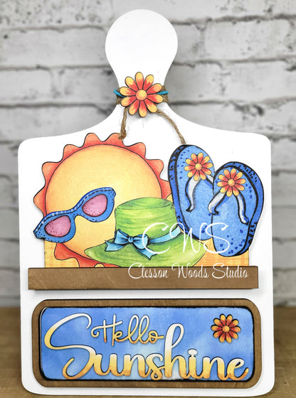 Hello Sunshine Sun Hat Flip Flops Digital Art and Hand Painted Seasonal Breadboard Accents