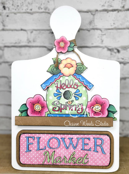 Hello Spring Flower Market Digital Art and Hand Painted Seasonal Breadboard Accents