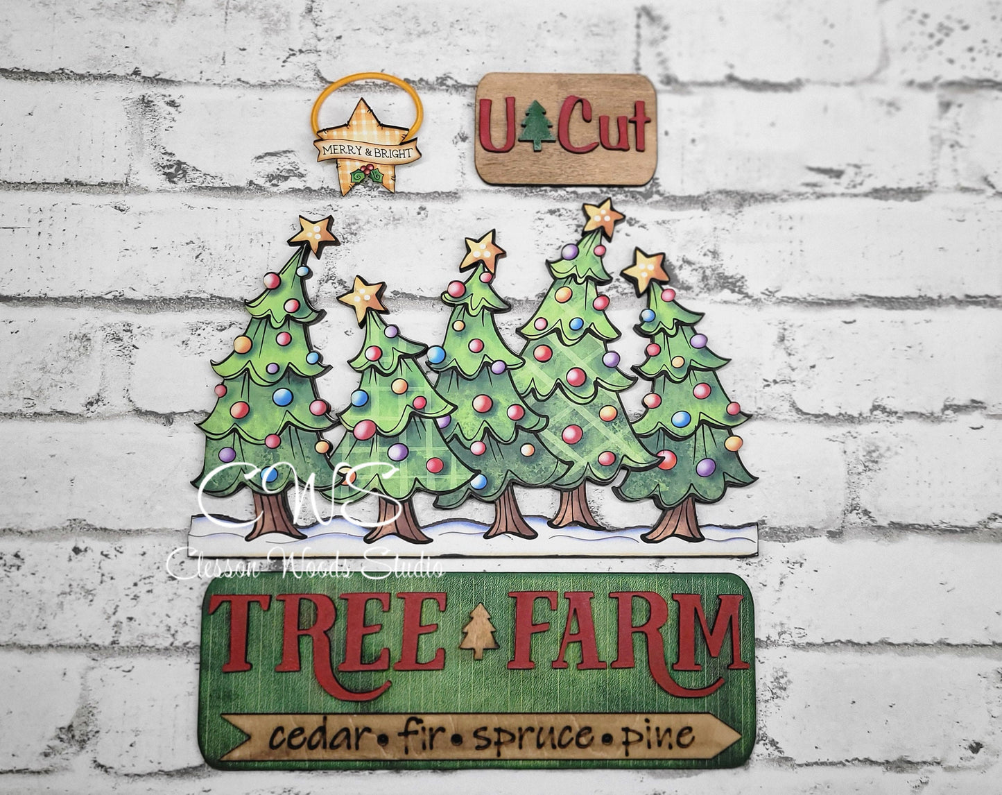 Christmas Tree Farm Merry and Bright U Cut Digital Art and Hand Painted Seasonal Breadboard Accents