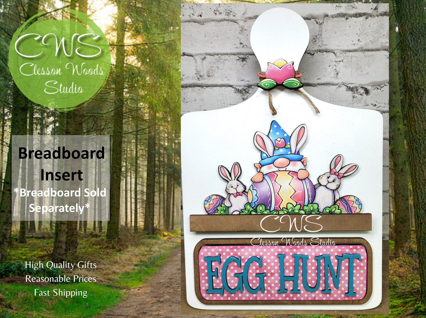 Easter Bunny Gnome Digital Art and Hand Painted Bread Board Accents