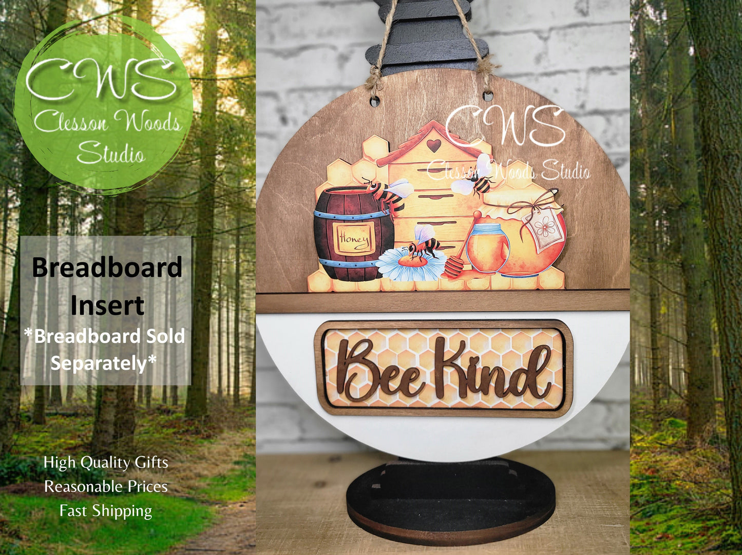 Bee Kind Honey Digital Art and Hand Painted 12" Door Hanger Insert