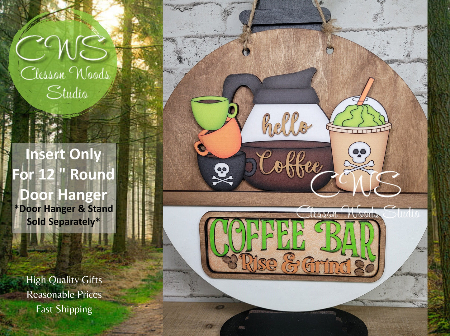 Coffee Bar Halloween Coffee Rise and Grind Digital Art and Hand Painted 12" Door Hanger Insert