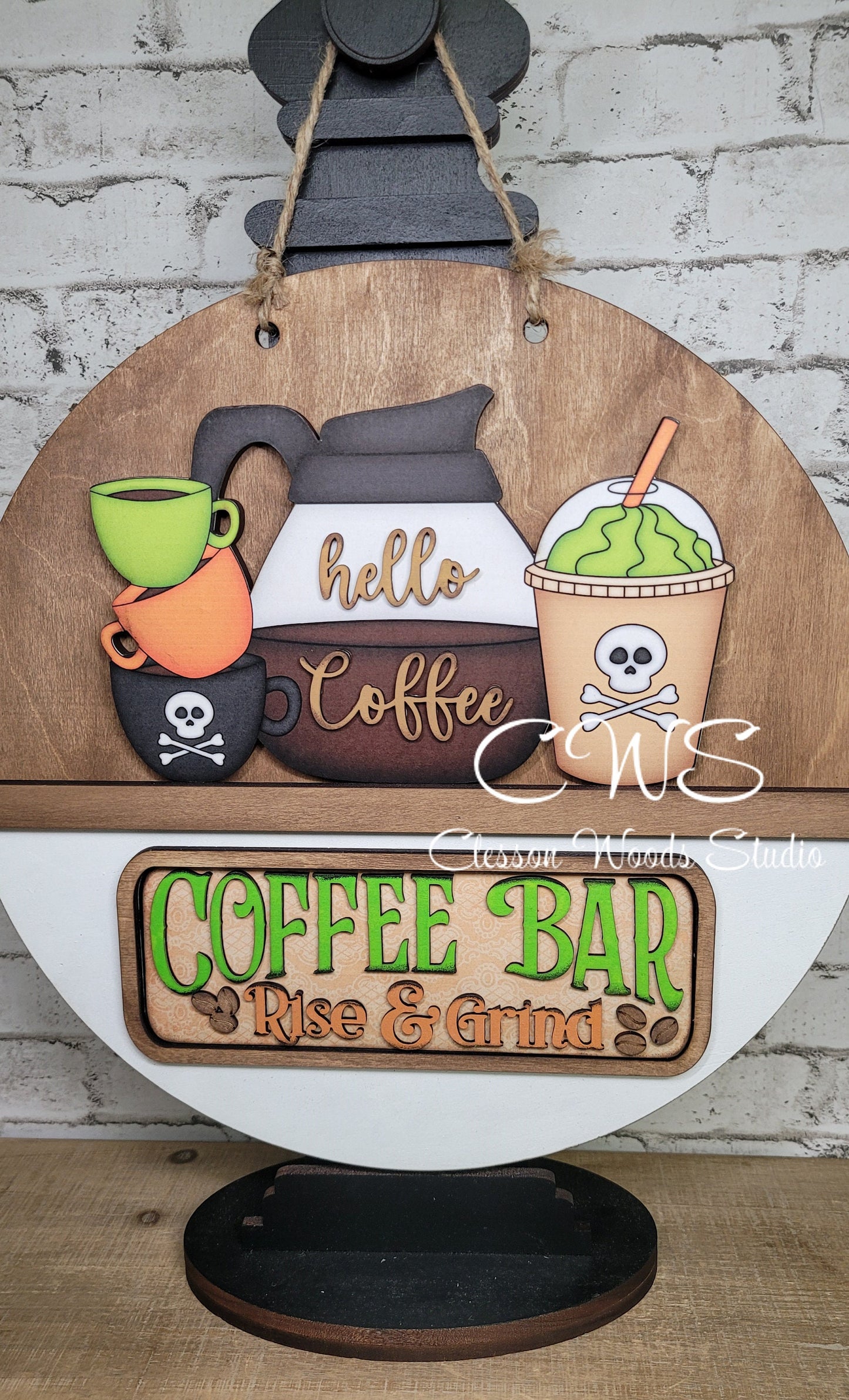 Coffee Bar Halloween Coffee Rise and Grind Digital Art and Hand Painted 12" Door Hanger Insert