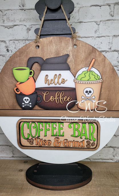Coffee Bar Halloween Coffee Rise and Grind Digital Art and Hand Painted 12" Door Hanger Insert