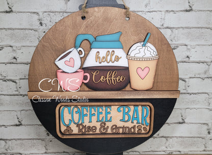 Coffee Bar Pink and Blue Rise and Grind Digital Art and Hand Painted 12" Door Hanger Insert