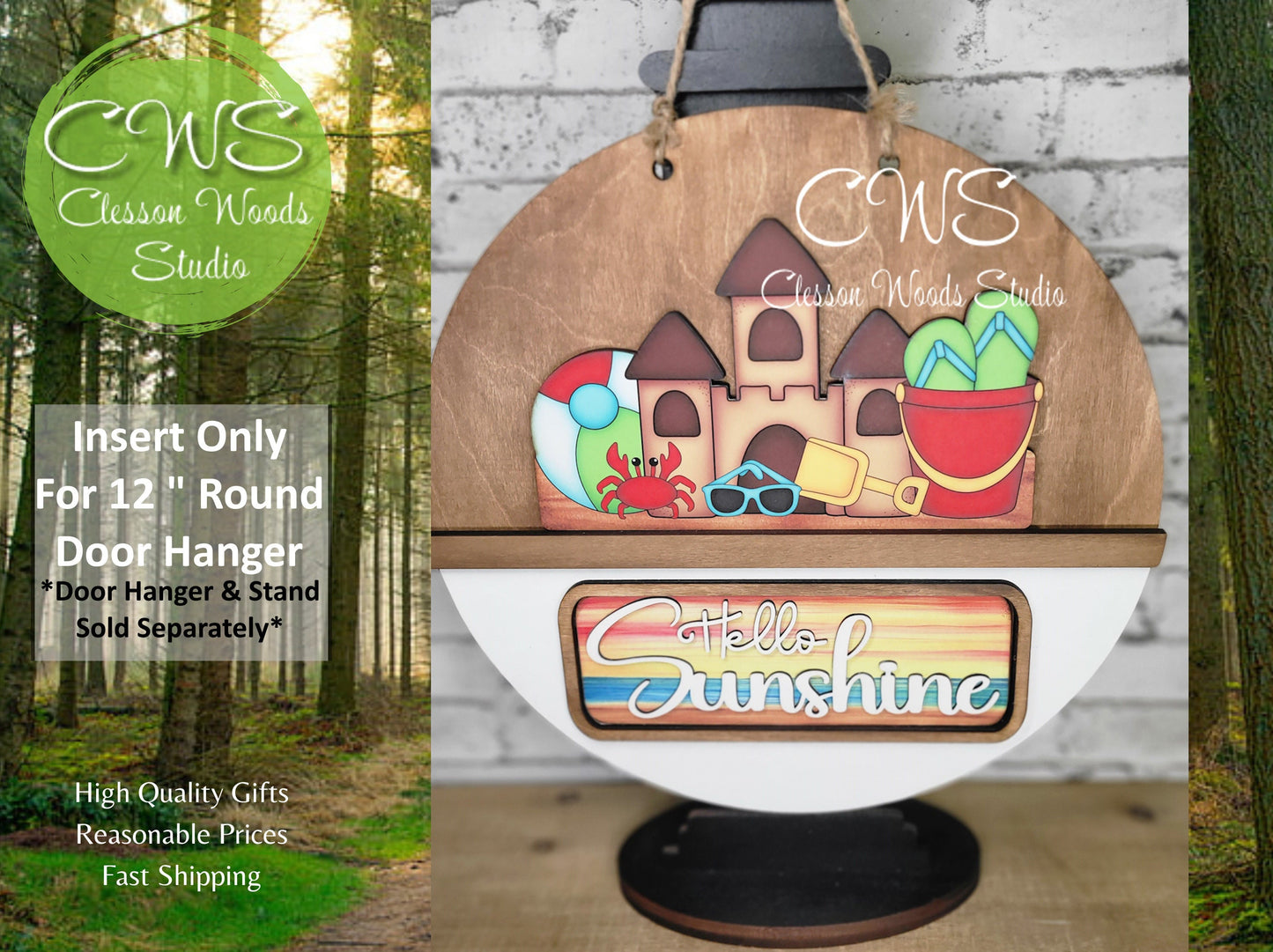 Hello Sunshine Beach Digital Art and Hand Painted 12" Door Hanger Insert