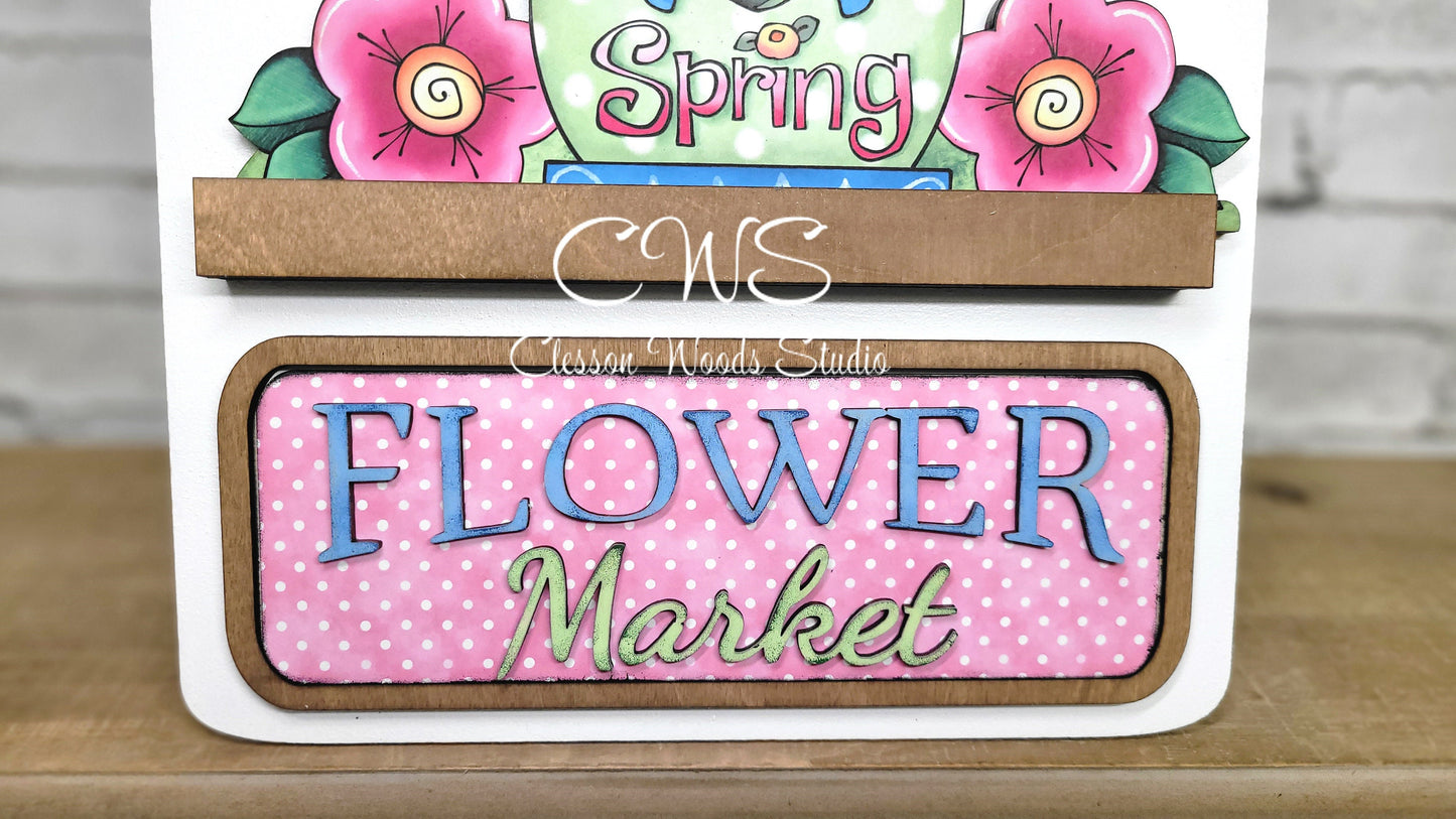 Hello Spring Flower Market Digital Art and Hand Painted Seasonal Breadboard Accents